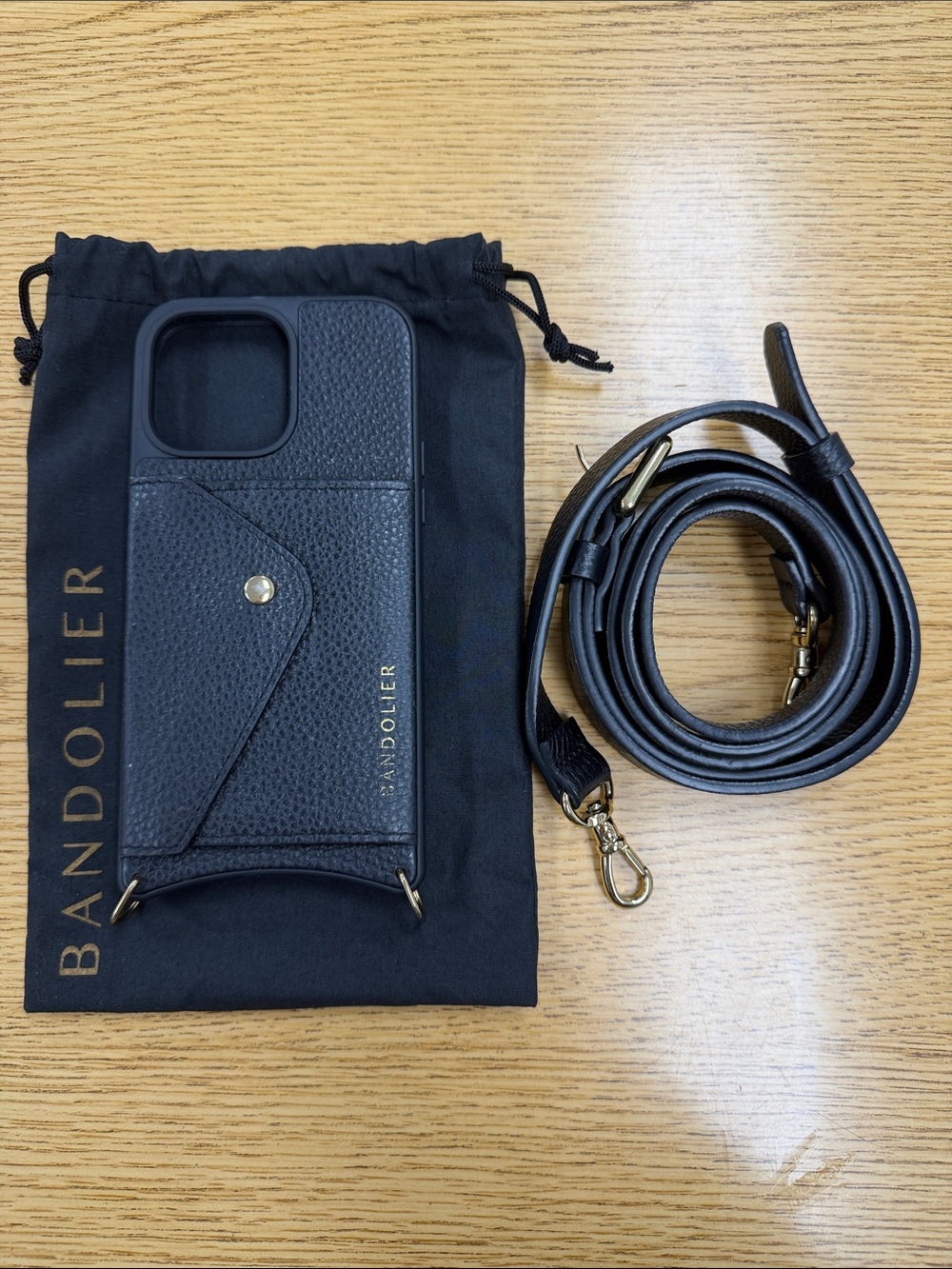 Bandolier Black Crossbody Phone Case with Gold and Strap for iPhone 14 Pro Max